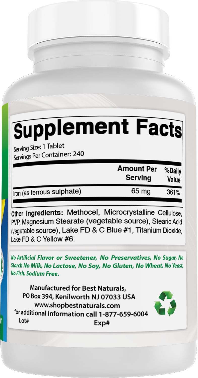 Best Naturals Iron Supplement 65 mg - 240 Tablets - Non-GMO & Gluten Free (Pack of 2)