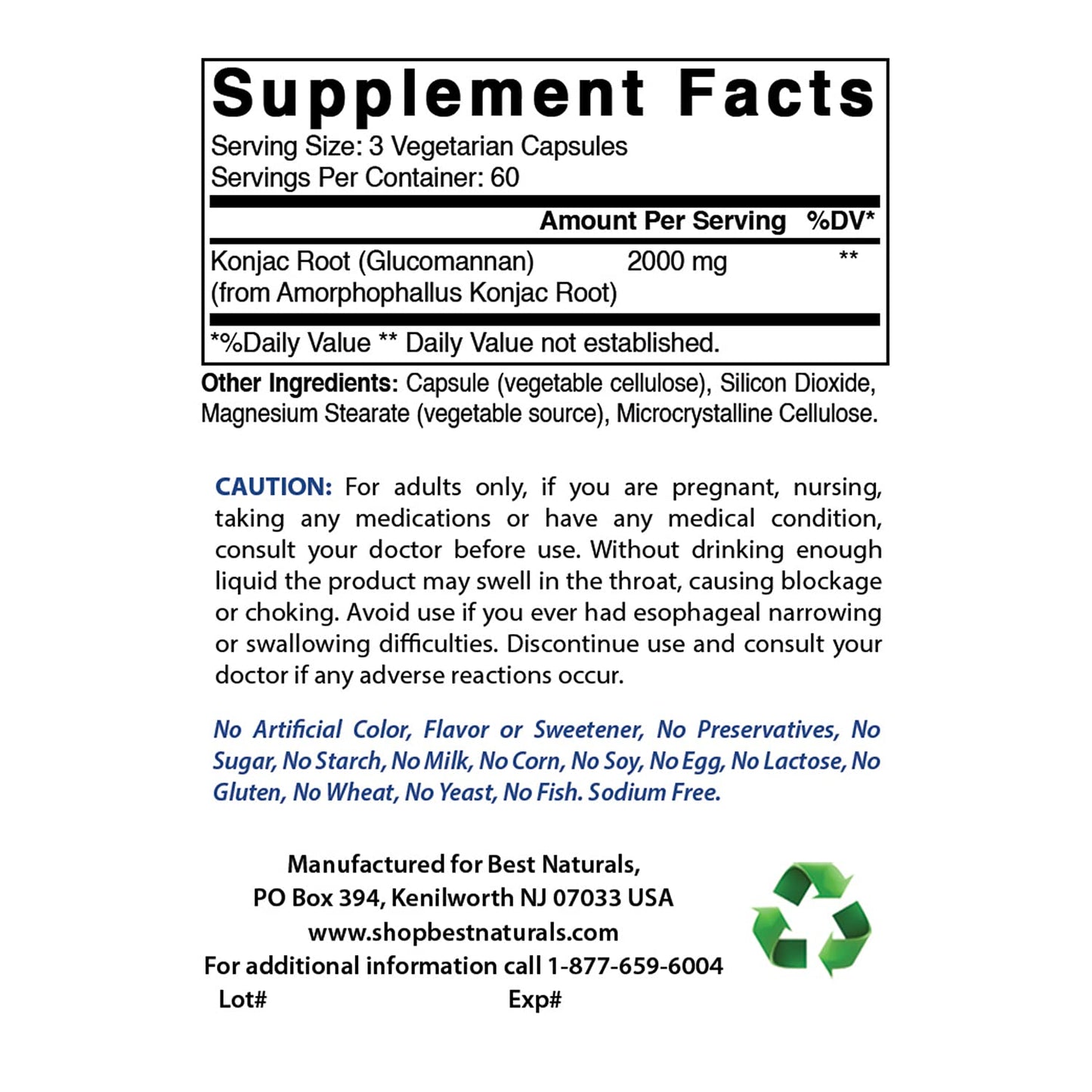 Best Naturals Konjac Root 2000mg, 180 Count - Glucomannan Fiber Supplement