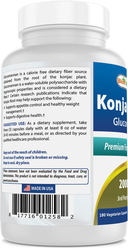 Best Naturals Konjac Root 2000mg, 180 Count - Glucomannan Fiber Supplement
