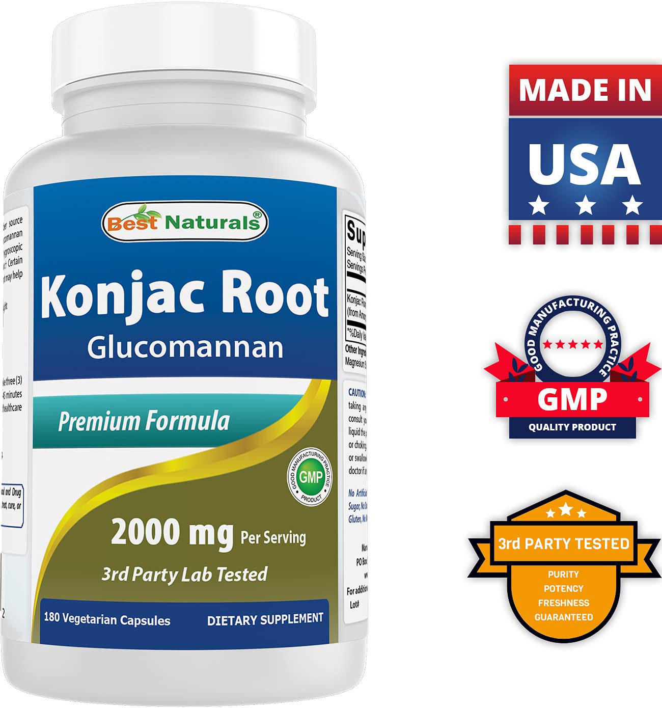 Best Naturals Konjac Root 2000mg, 180 Count - Glucomannan Fiber Supplement