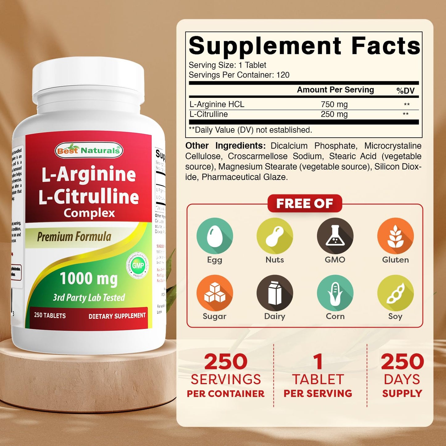Best Naturals L-Arginine L-Citrulline Complex Tablets – 250 Count