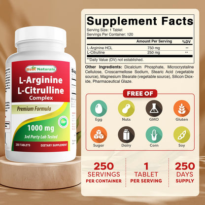 Best Naturals L-Arginine L-Citrulline Complex Tablets – 250 Count