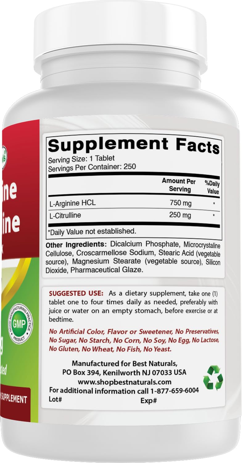 Best Naturals L-Arginine L-Citrulline Complex Tablets – 250 Count