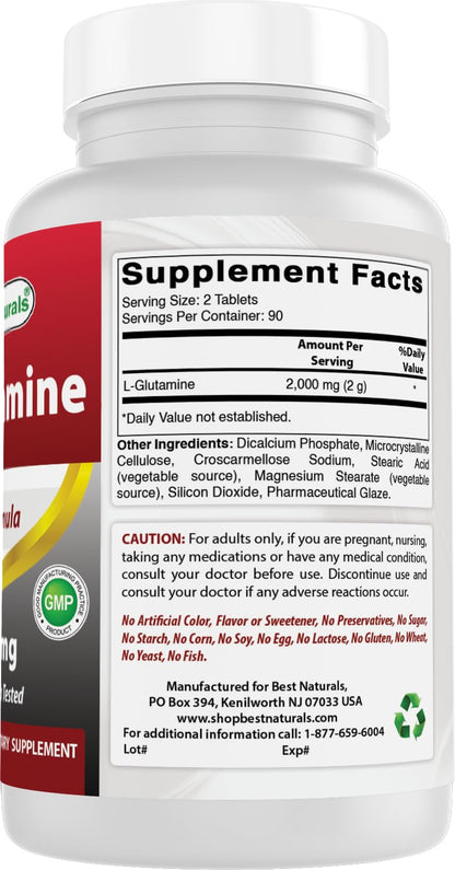 Best Naturals L-Glutamine 1000mg – 180 Count (Non-GMO) Tablets