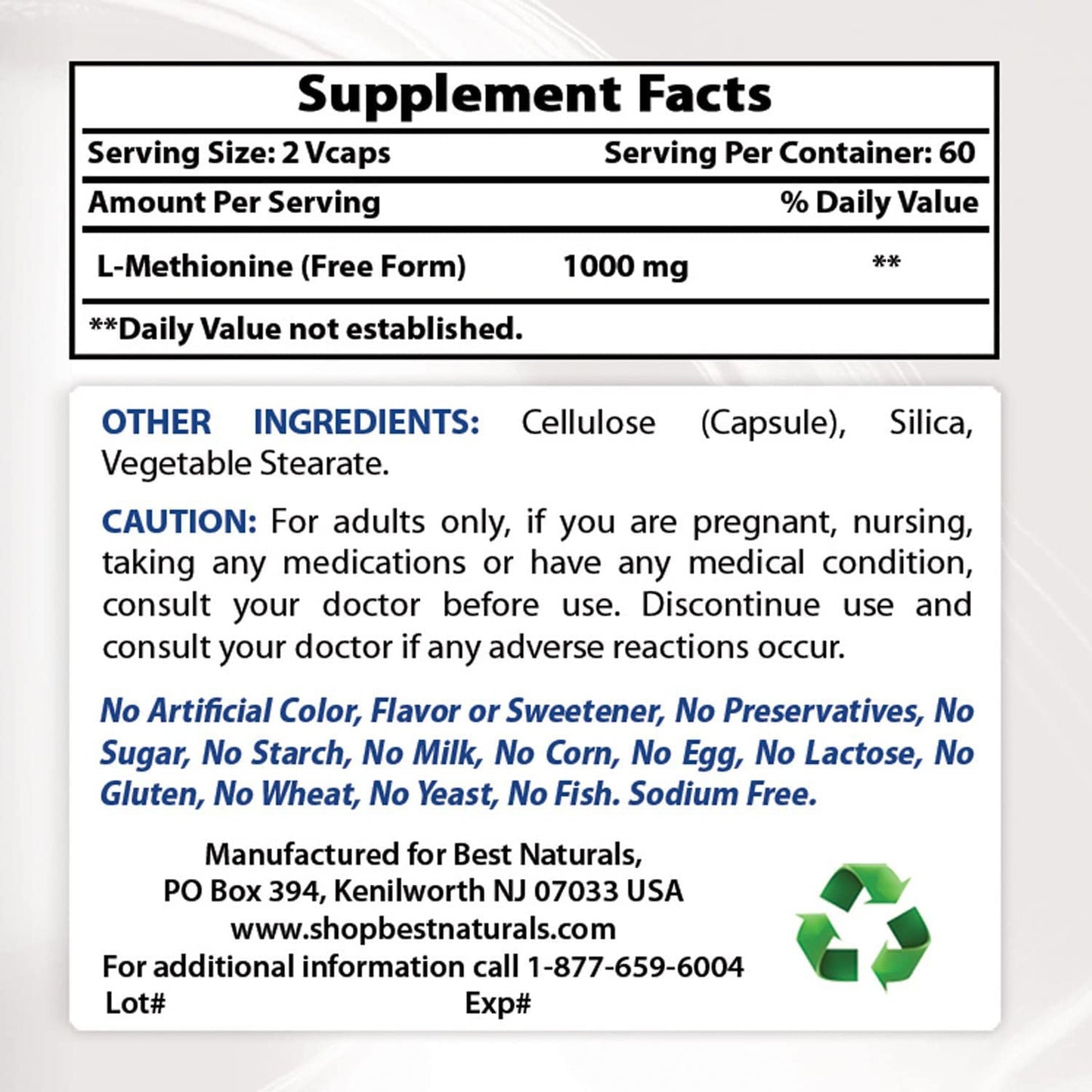 Best Naturals L-Methionine 500 mg - 120 Vegetarian Capsules | Non-GMO, Gluten-Free