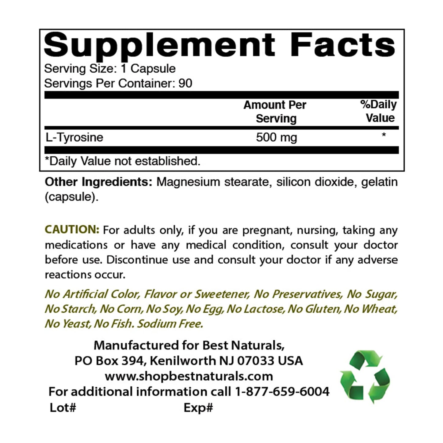 Best Naturals L-Tyrosine 500 mg – 90 Capsules (Pack of 3)