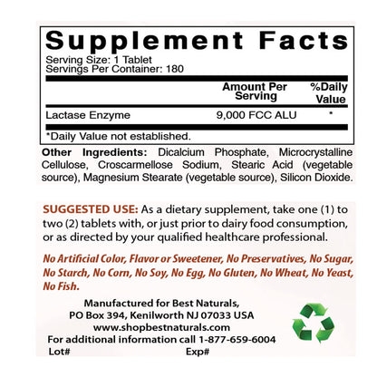 Best Naturals Lactase Enzyme Tablets – 9000 FCC ALU, 180 Count