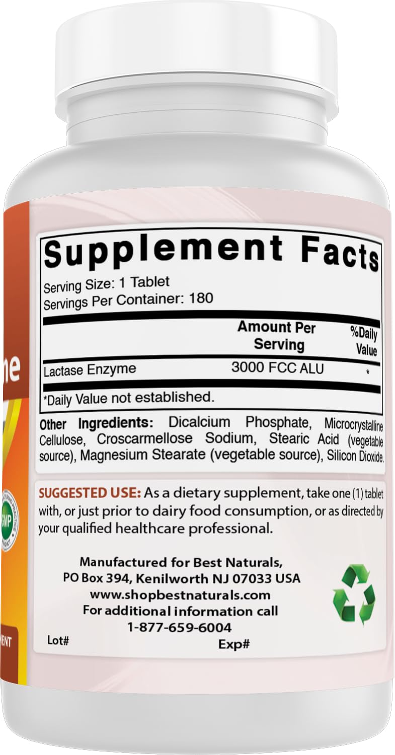 Best Naturals Fast Acting Lactase Enzyme 3000 FCC ALU - 180 Tablets (Pack of 3)