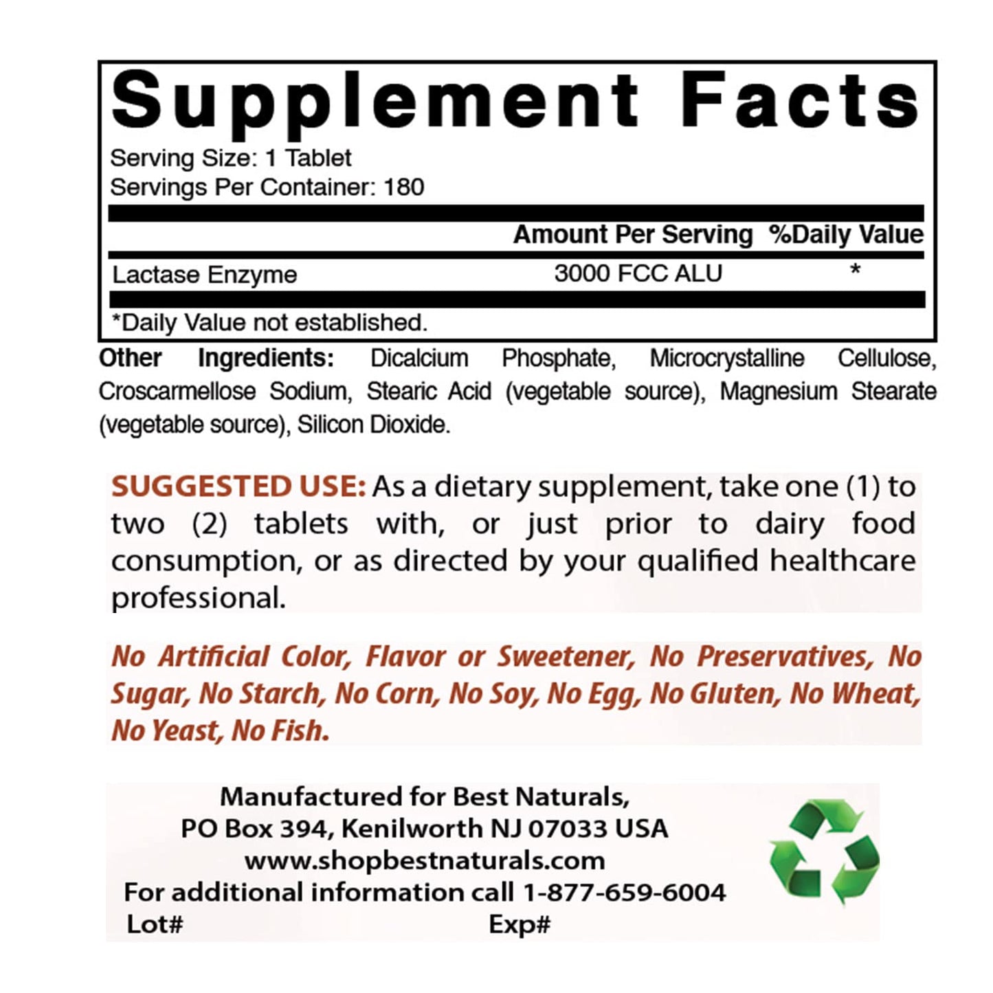 Best Naturals Fast Acting Lactase Enzyme 3000 FCC ALU - 180 Tablets (Pack of 3)