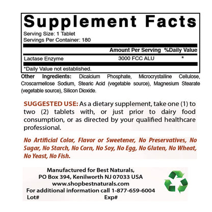 Best Naturals Fast Acting Lactase Enzyme 3000 FCC ALU - 180 Tablets (Pack of 3)