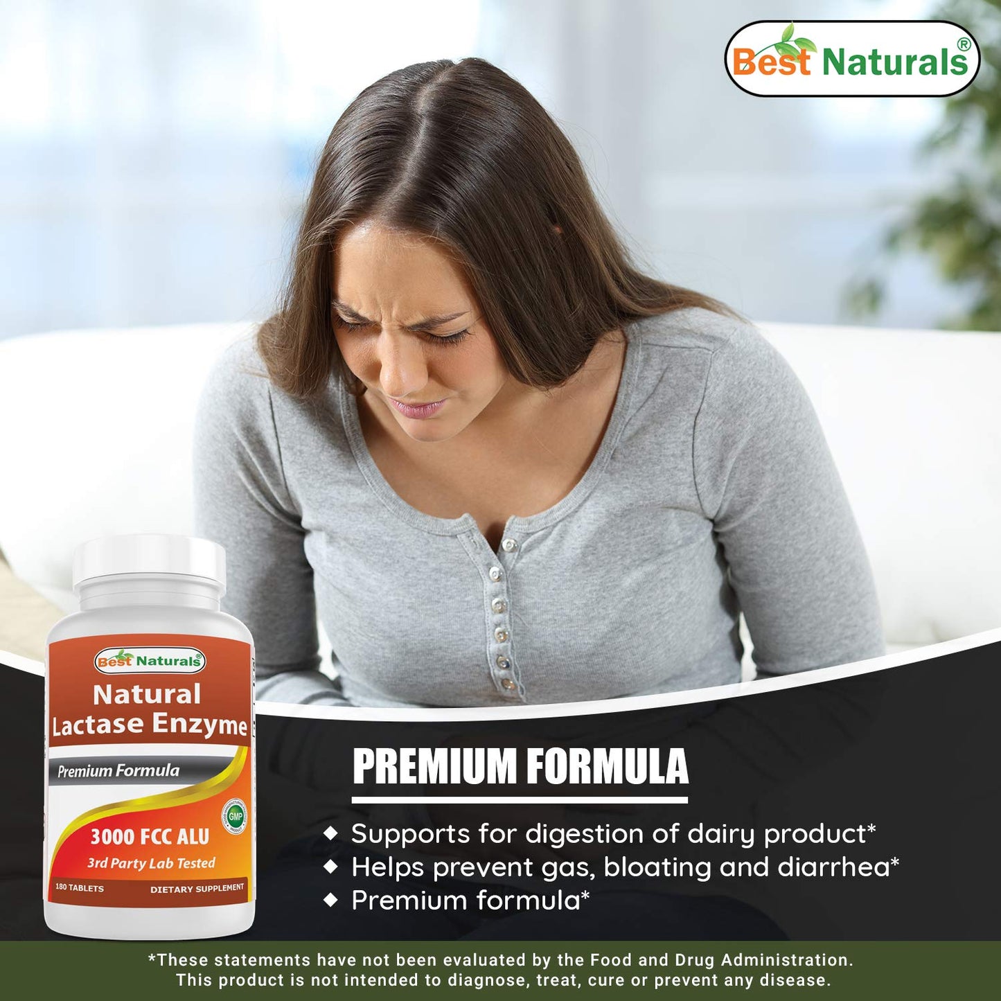 Best Naturals Fast Acting Lactase Enzyme 3000 FCC ALU - 180 Tablets (Pack of 3)