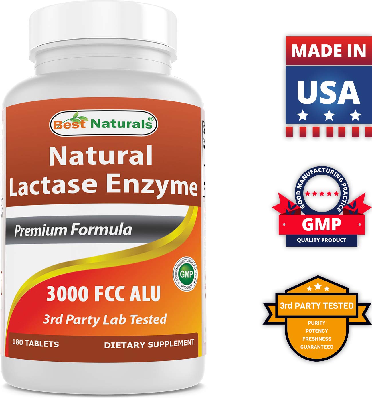 Best Naturals Fast Acting Lactase Enzyme 3000 FCC ALU - 180 Tablets (Pack of 3)