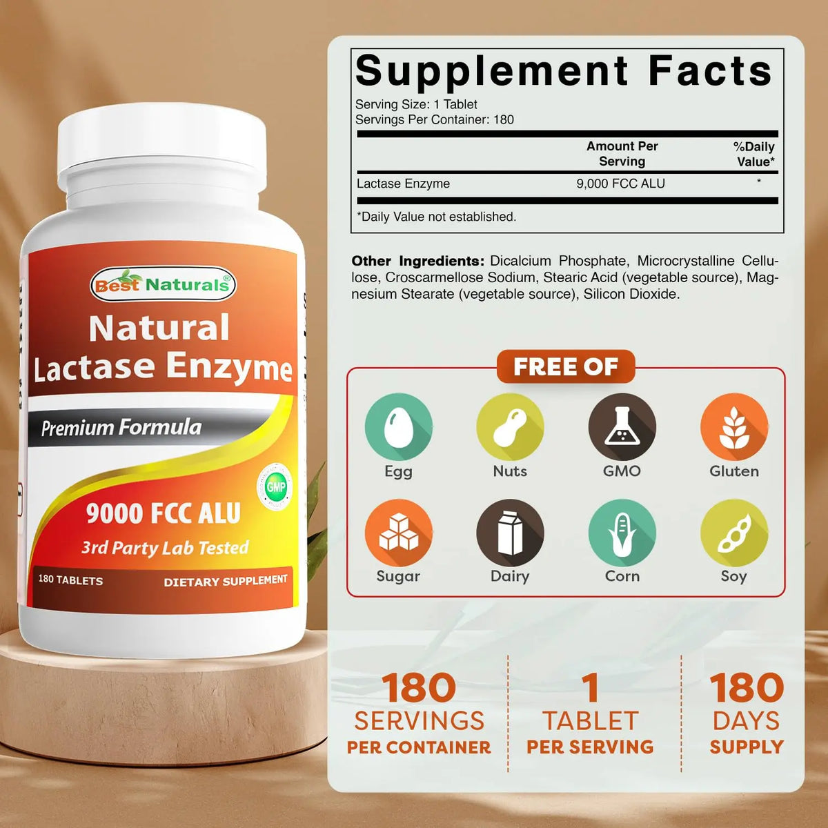 Best Naturals Lactase Enzyme Tablets – Fast Acting 9000 FCC ALU, 180 Count per Bottle, Pack of 2 BritishVita | Premium UK Vitamins & Wellness Supplements