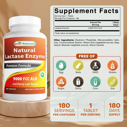 Best Naturals Lactase Enzyme Tablets – Fast Acting 9000 FCC ALU, 180 Count per Bottle, Pack of 2 BritishVita | Premium UK Vitamins & Wellness Supplements