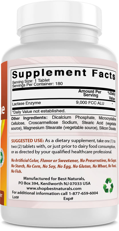 Best Naturals Lactase Enzyme Tablets – 9000 FCC ALU, 180 Count