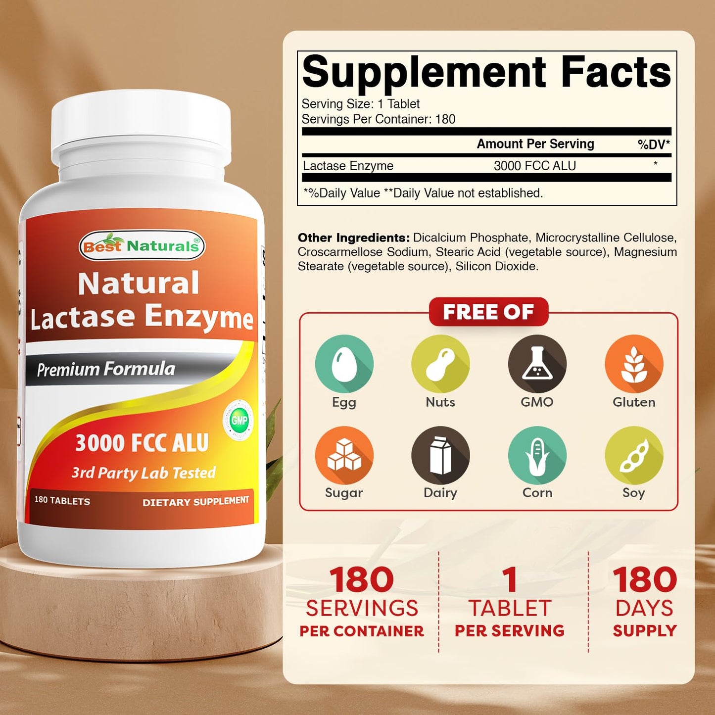 Best Naturals Fast Acting Lactase Enzyme Tablet, 3000 FCC Alu, 180 Count – Made in USA