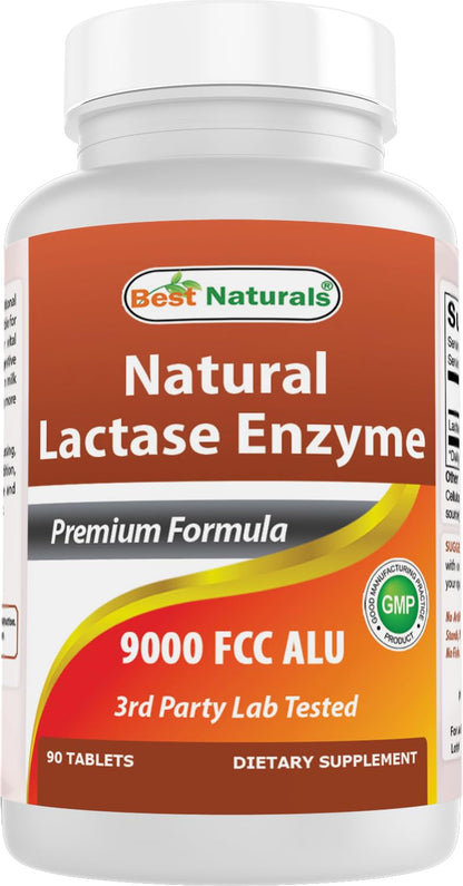 Best Naturals Lactase Enzyme Tablets for Lactose Intolerance - 9000 FCC ALU, 90 Count