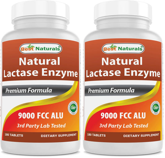 Best Naturals Lactase Enzyme Tablets – Fast Acting 9000 FCC ALU, 180 Count per Bottle, Pack of 2 BritishVita | Premium UK Vitamins & Wellness Supplements
