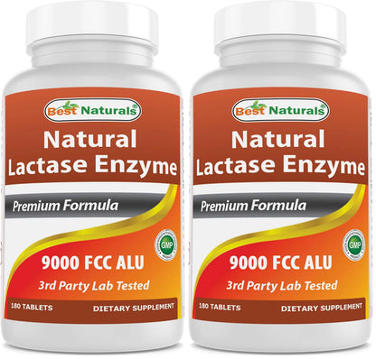 Best Naturals Lactase Enzyme Tablets – Fast Acting 9000 FCC ALU, 180 Count per Bottle, Pack of 2 BritishVita | Premium UK Vitamins & Wellness Supplements