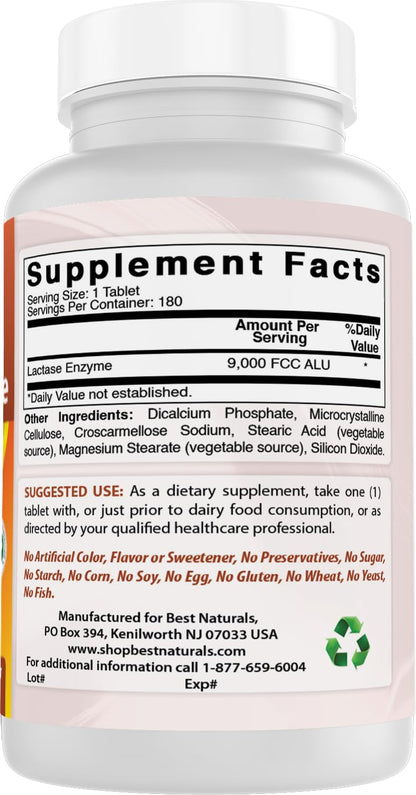 Best Naturals Lactase Enzyme Tablets – 9000 FCC ALU, 180 Count
