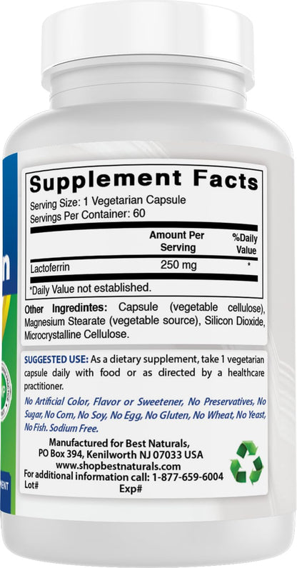 Best Naturals Lactoferrin 250 mg Veggie Capsule, Supports Healthy Immune Function - 60 Count