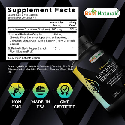 Best Naturals Liposomal Berberine 1200 mg - 90 Veg Capsules with Bioperine