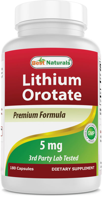 Best Naturals Lithium Orotate 5 mg 180 Capsules - Non GMO - Gluten Free