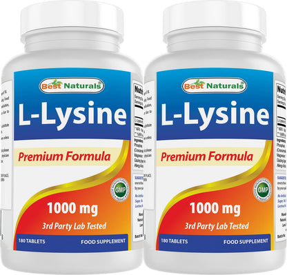 Best Naturals L-Lysine 1000mg – 360 Tablets (2 Bottles)