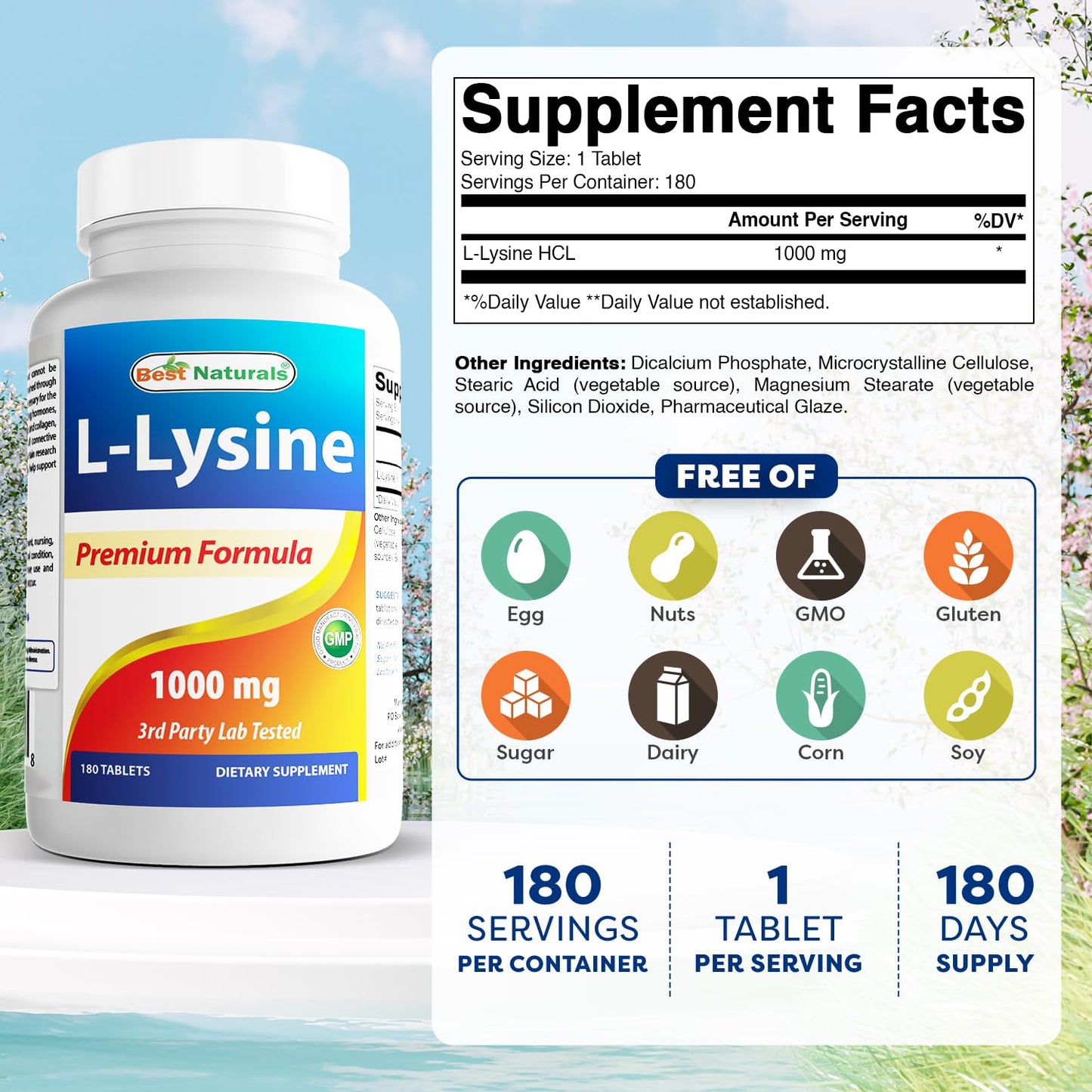 Best Naturals L-Lysine 1000mg – 360 Tablets (2 Bottles)