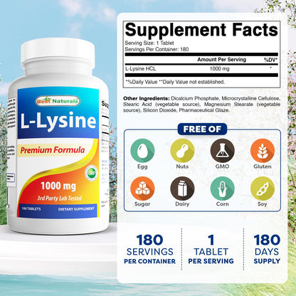 Best Naturals L-Lysine 1000mg – 360 Tablets (2 Bottles)