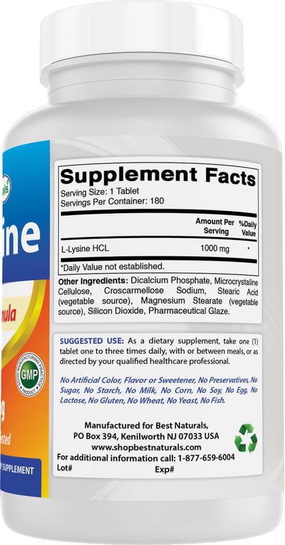 Best Naturals L-Lysine 1000mg – 360 Tablets (2 Bottles)