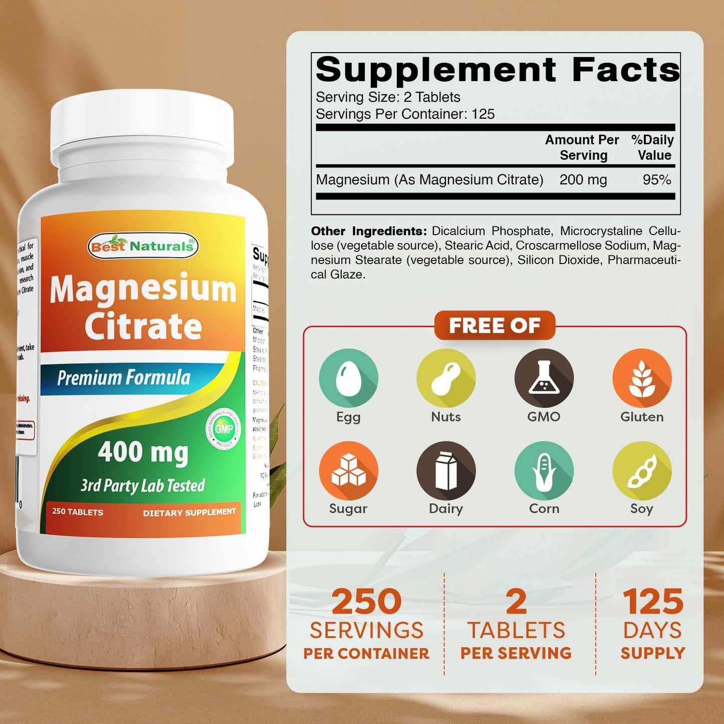 Best Naturals Magnesium Citrate 400 mg - 250 Tablets | Elemental 400 mg per 2 Tablets
