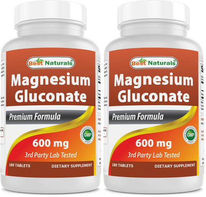Best Naturals Magnesium Gluconate - 35 mg Mg from 600 mg Gluconate - 180 Tablets (Pack of 2)