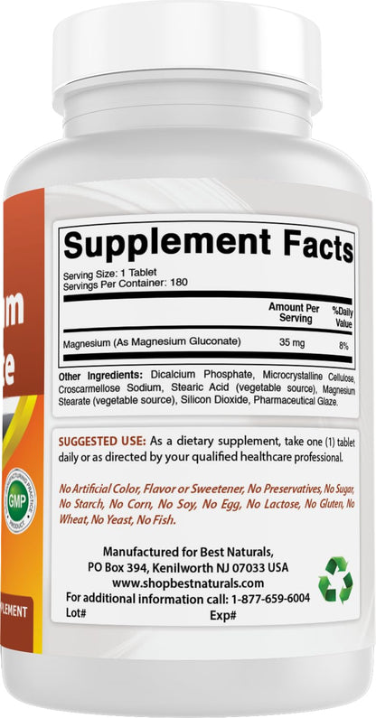 Best Naturals Magnesium Gluconate - 35 mg Mg from 600 mg Gluconate - 180 Tablets (Pack of 2)