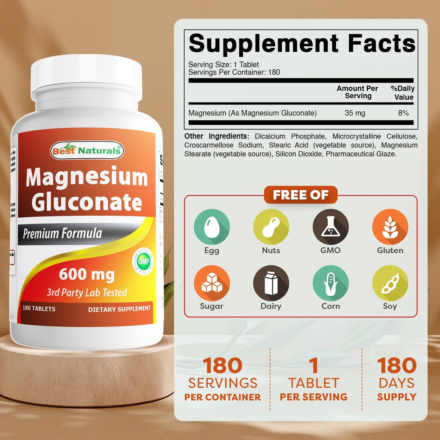 Best Naturals Magnesium Gluconate (35 mg Elemental Magnesium from 600mg of Magnesium Gluconate) 180 Tablets