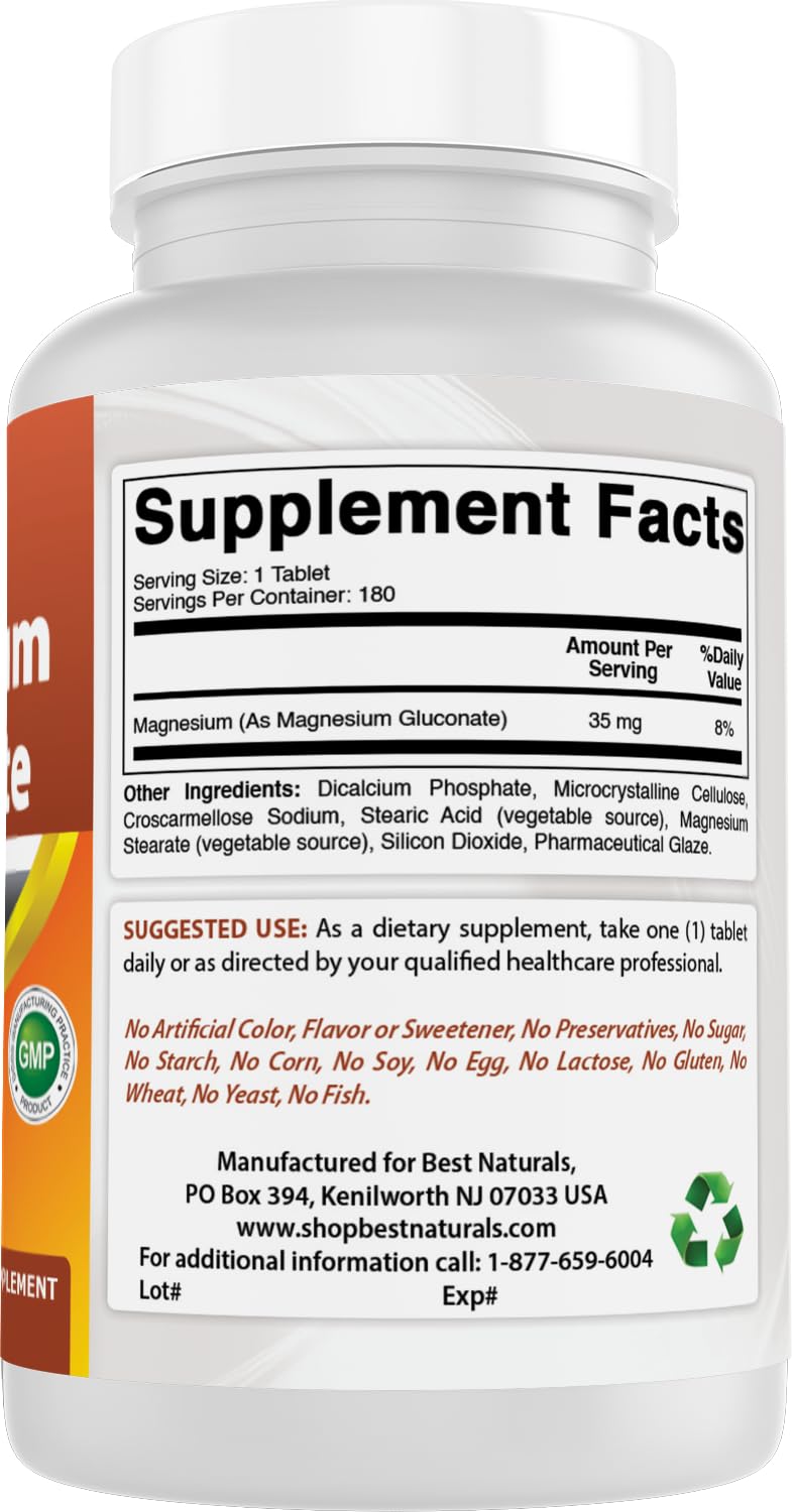 Best Naturals Magnesium Gluconate (35 mg Elemental Magnesium from 600mg of Magnesium Gluconate) 180 Tablets
