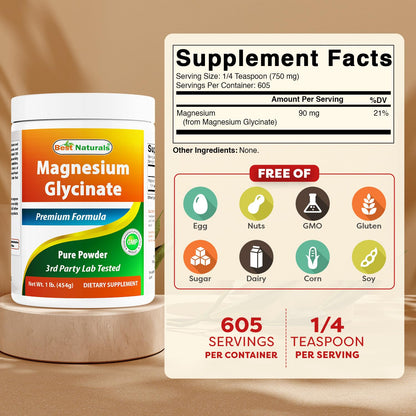 Best Naturals Magnesium Glycinate Powder - 1 Pound (1 LB (Pack of 2)) | 605 Servings