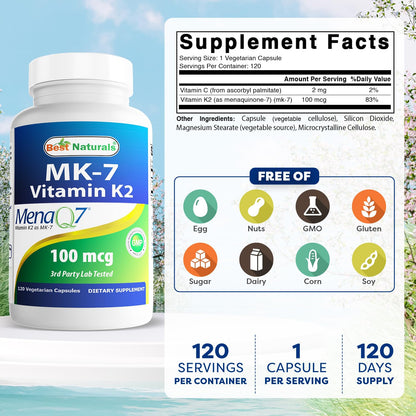Best Naturals MK-7 Vitamin K2 100 mcg - 120 Vcaps