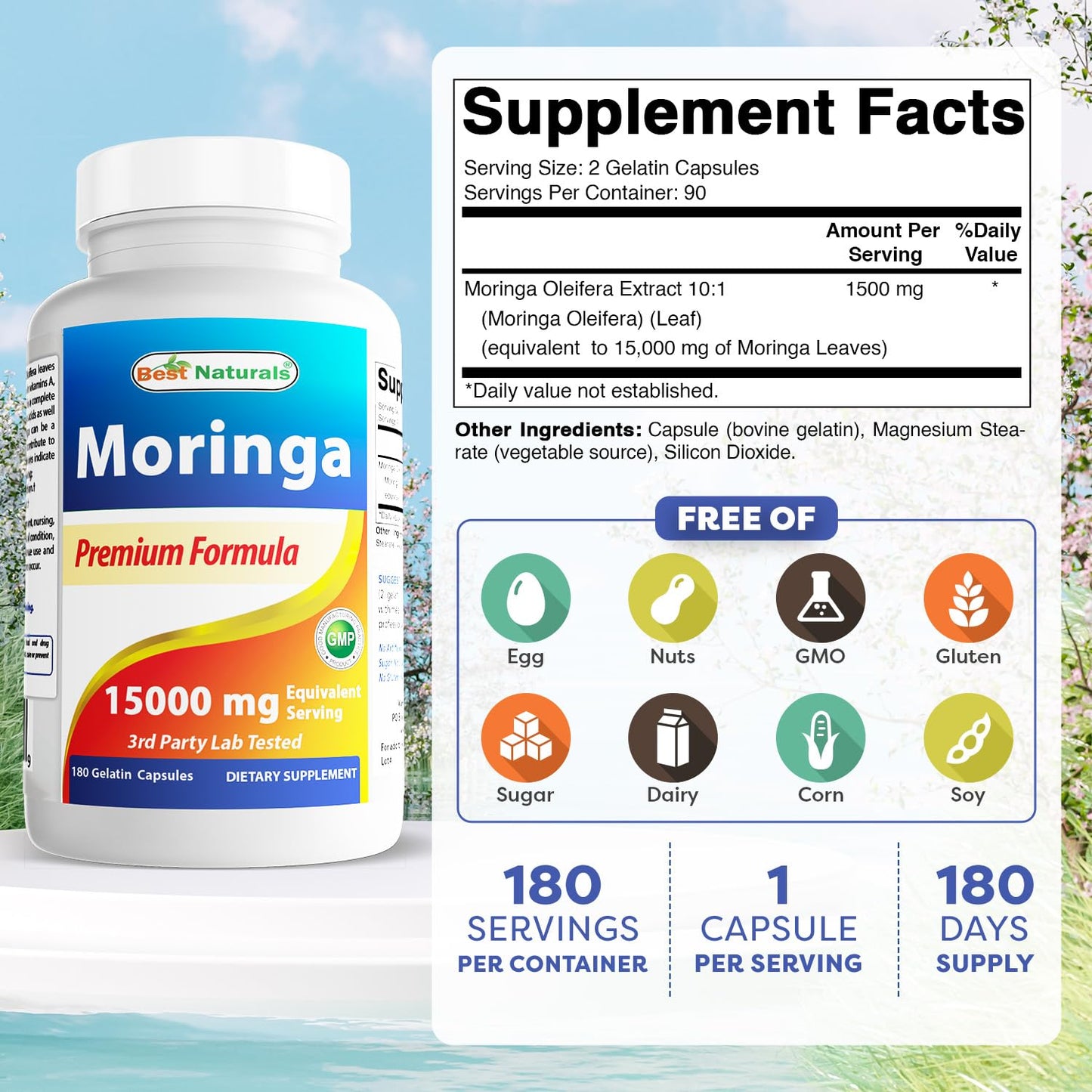 Best Naturals Moringa Extract 10:1 1500mg – 180 Capsules | Superfood for Healthy Wellbeing