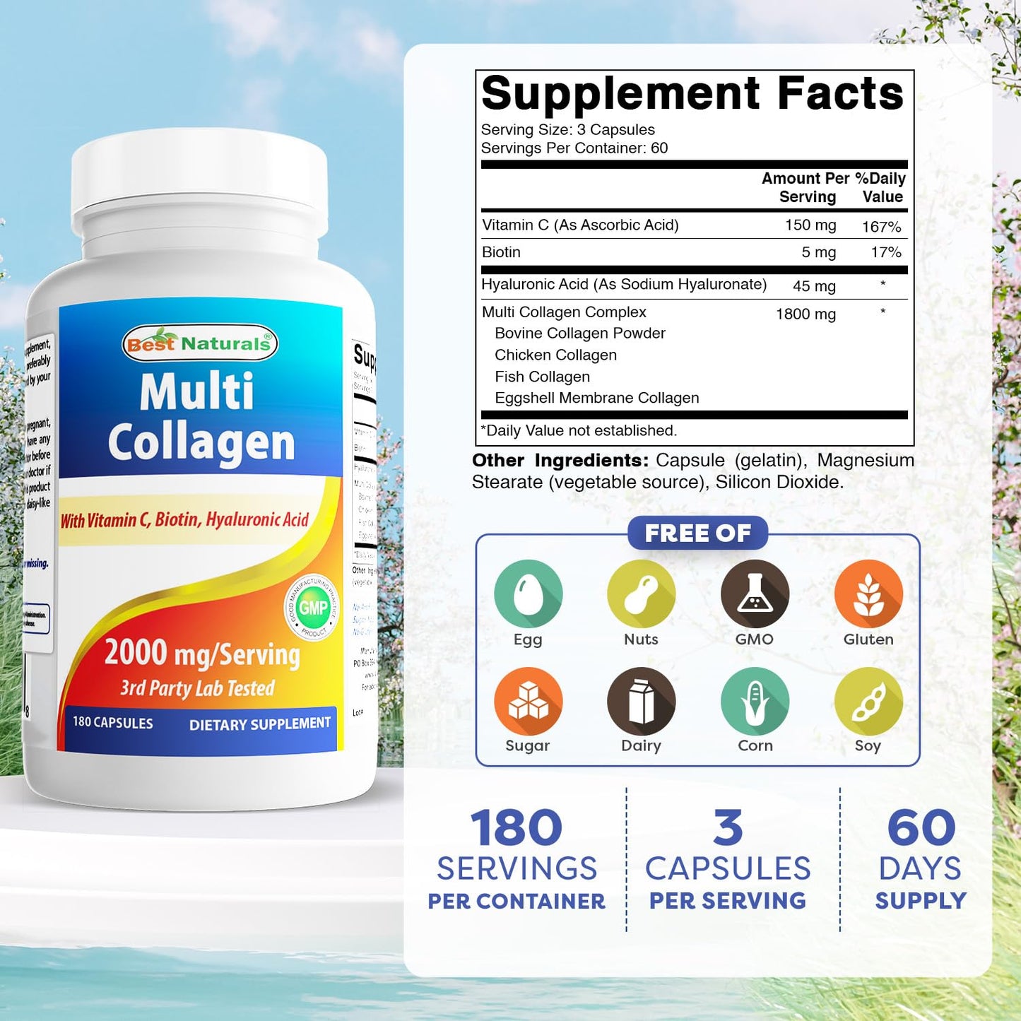 Best Naturals Multi Collagen Pills 2000mg – Hair, Skin & Nails | Types I, II, III, V, X | Biotin, Hyaluronic Acid & Vitamin C (Pack of 2)