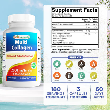 Best Naturals Multi Collagen Pills 2000mg – Hair, Skin & Nails | Types I, II, III, V, X | Biotin, Hyaluronic Acid & Vitamin C (Pack of 2)