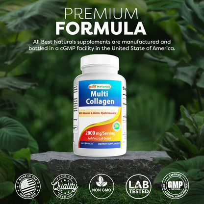 Best Naturals Multi Collagen Pills 2000mg – Hair, Skin & Nails | Types I, II, III, V, X | Biotin, Hyaluronic Acid & Vitamin C (Pack of 2)