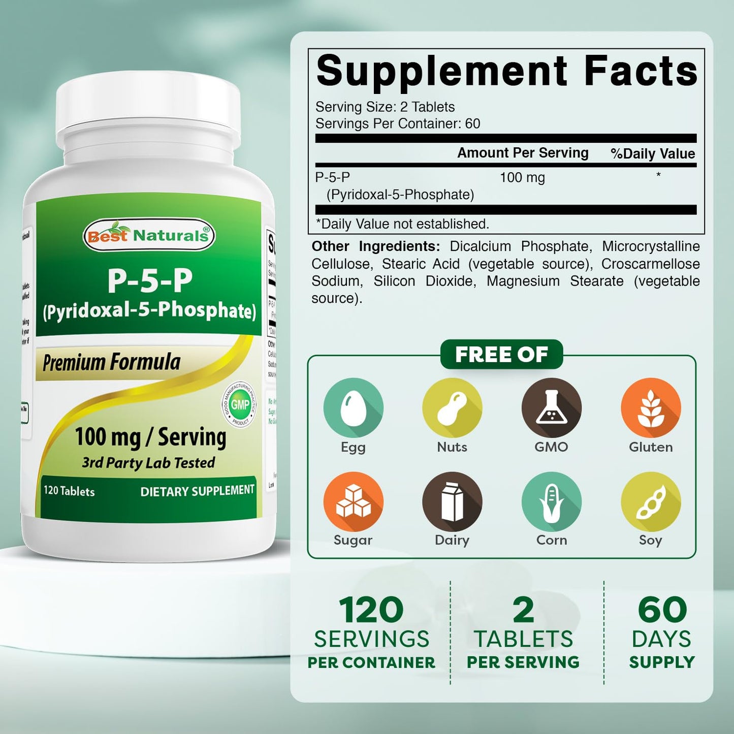 Best Naturals P5P Vitamin B6 100 mg – 120 Tablets (Pack of 2) – Active Pyridoxal 5-Phosphate