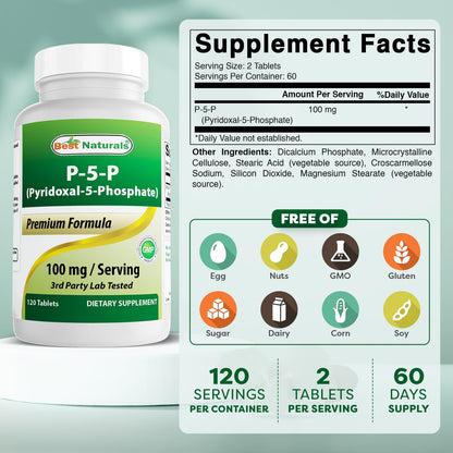 Best Naturals P5P Vitamin B6 100 mg/Serving - 120 Tablets (Pyridoxal 5 Phosphate)