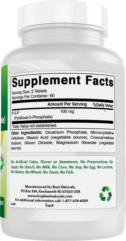 Best Naturals P5P Vitamin B6 100 mg/Serving - 120 Tablets (Pyridoxal 5 Phosphate)