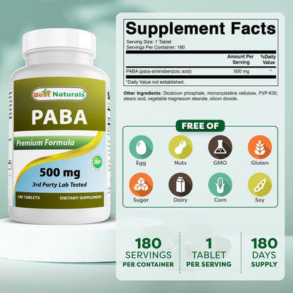 Best Naturals PABA 500 mg 180 Tablets | Purity & Quality