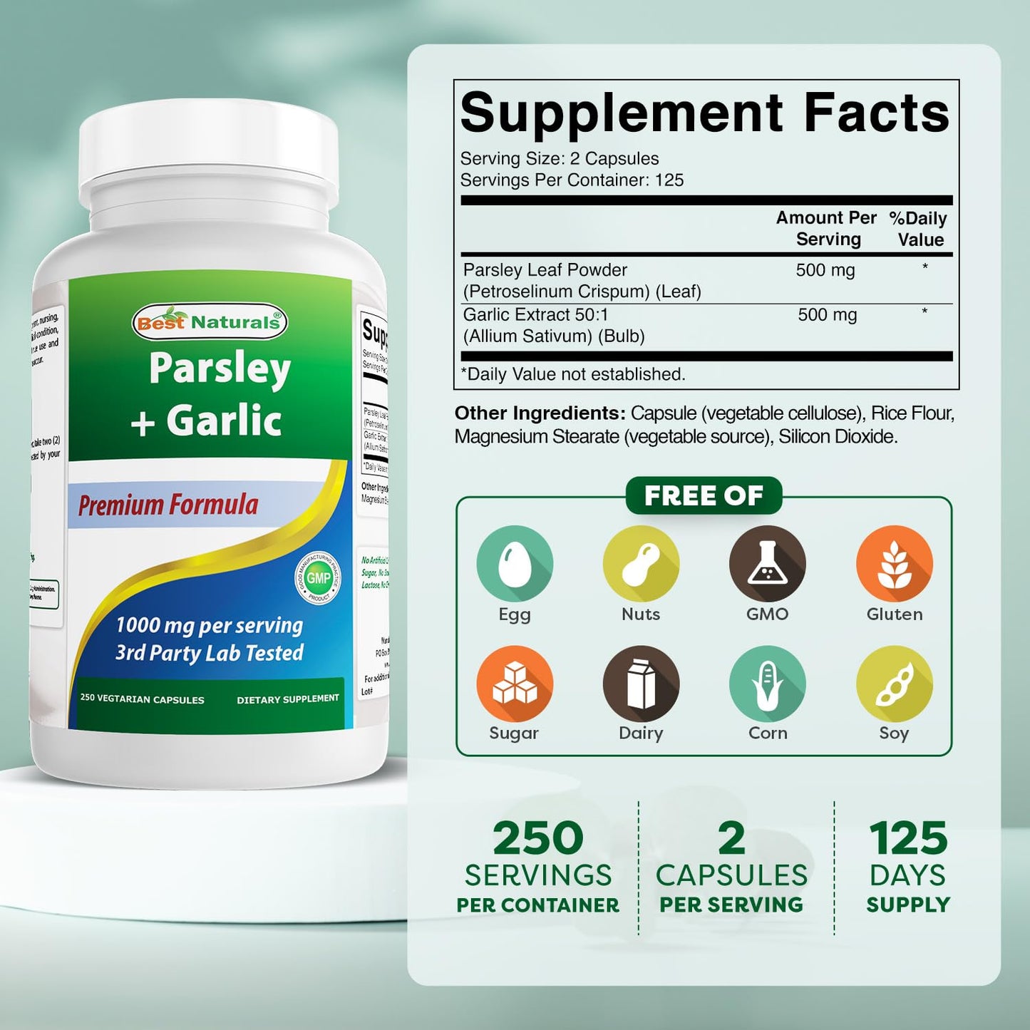 Best Naturals Parsley & Garlic 1000 mg – 250 Veg Capsules, Gluten Free, Non-GMO