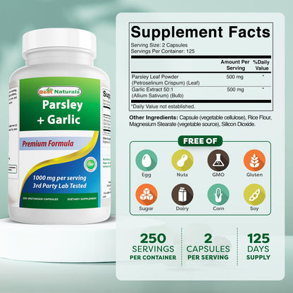 Best Naturals Parsley & Garlic 1000 mg – 250 Veg Capsules, Gluten Free, Non-GMO
