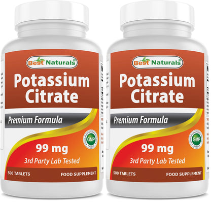 Best Naturals Potassium Citrate 99mg 500 Tablets – 3rd Party Lab Tested (Pack of 2)