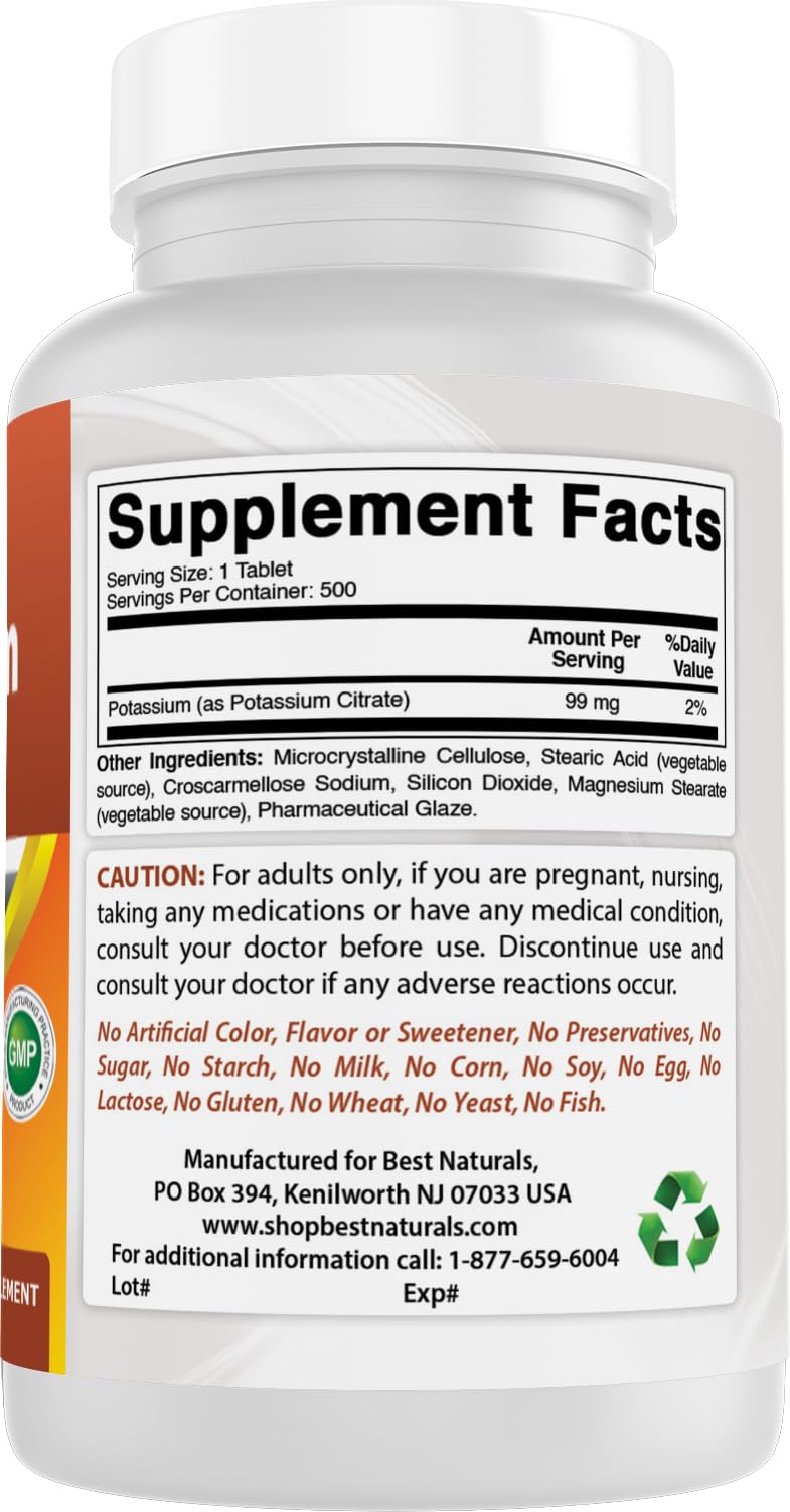 Best Naturals Potassium Citrate 99mg 500 Tablets – 3rd Party Lab Tested (Pack of 2)